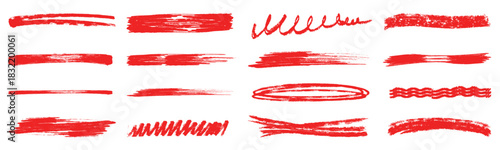 Hand drawn Brush texture red stroke underline highlight color. Marker red pen highlight stroke.  brush underline element set for accent, crayon texture emphasis effect. Chalk vector illustration