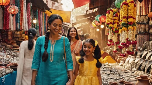 Family stroll through vibrant marketplace with colorful textiles and goods displayed outdoors