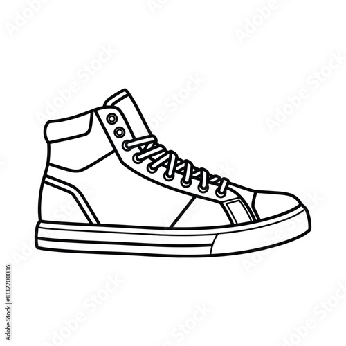 Hand drawn black and white line art illustration of a high top sneaker shoe