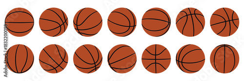 Set of orange basketball balls from different angles. Flat vector illustration isolated on a white background.
