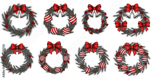 Decorative Christmas Wreaths with Red Bows and Candy Canes, Festive Holiday Graphic Illustrations