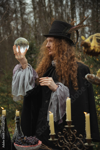Mystical fortune teller with crystal ball in enchanting forest setting