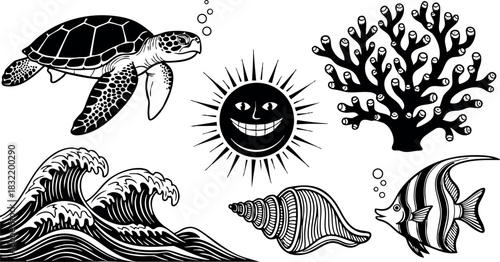 Tattoo flash style black and white sea turtle, grinning sun face, coral reef, waves, seashell and tropical fish marine set with bold line art details