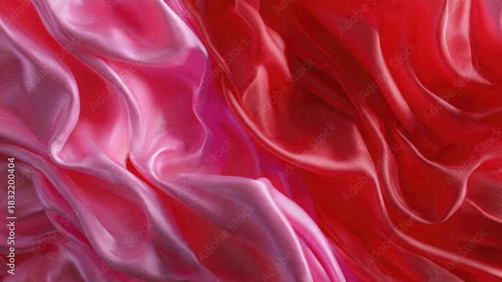 Obraz premium A beautiful abstract background featuring elegantly draped, shiny pink and red satin fabric with soft folds, creating a luxurious and vibrant textile texture.