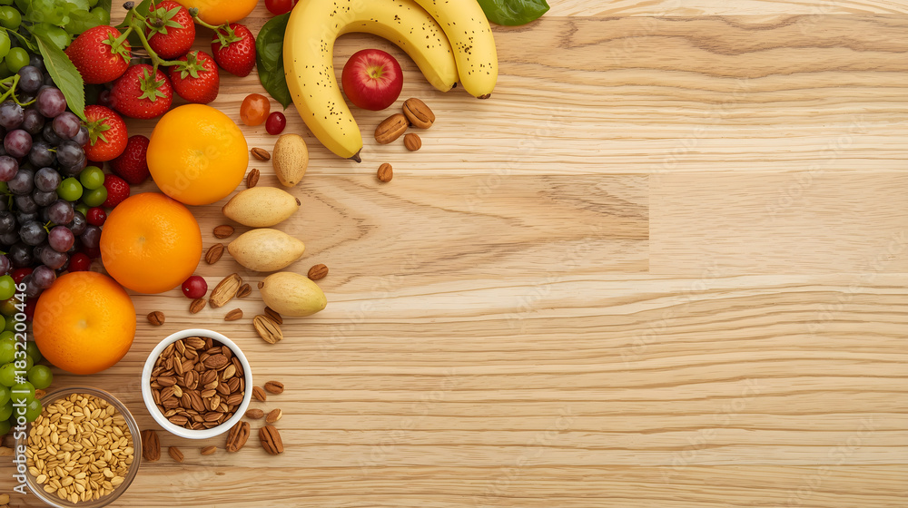Fototapeta premium Fresh Fruits, Nuts, and Seeds on Wooden Table Flat Lay