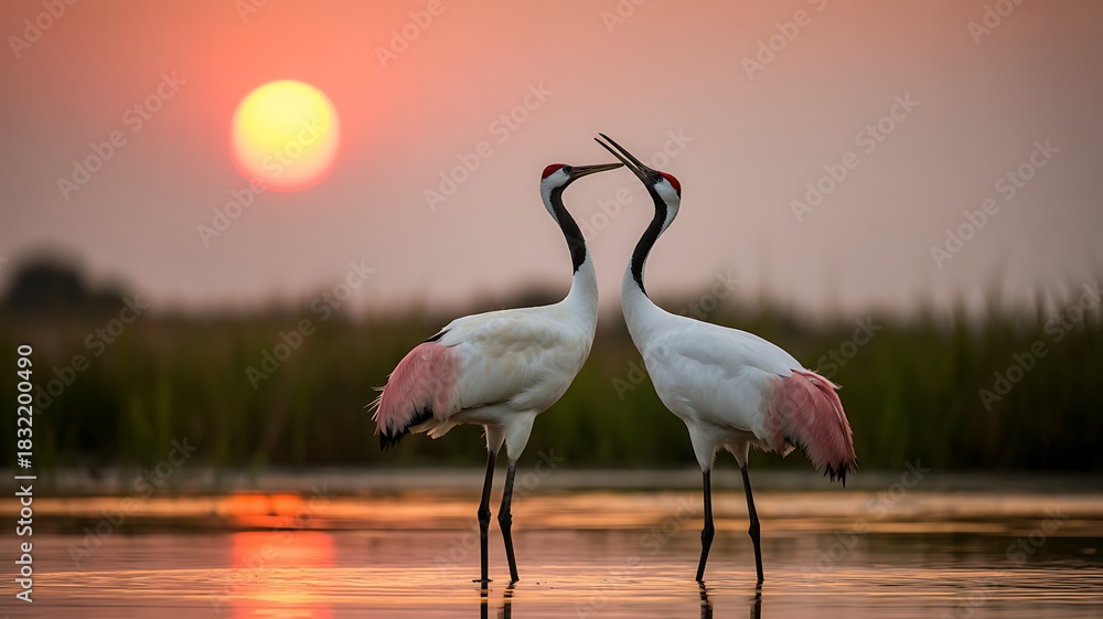 Obraz premium Two red crowned cranes facing each other in shallow water at sunset two cranes bird