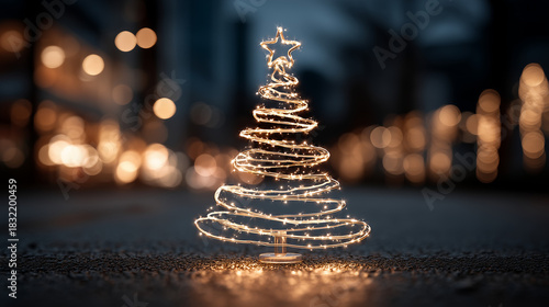 Illuminated christmas tree with star topper against blurred background