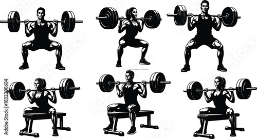 Yoga pose silhouettes, flexibilitBarbell squat silhouettes, gym exercise icons, strength training, seated lift, fitness pose,