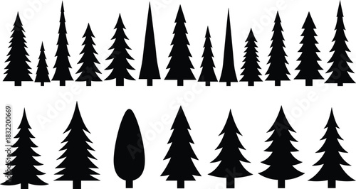 Cad drawing flat vector illustration, evergreen tree silhouette icon set, two-row layout with varied shapes and species, forest graphic design