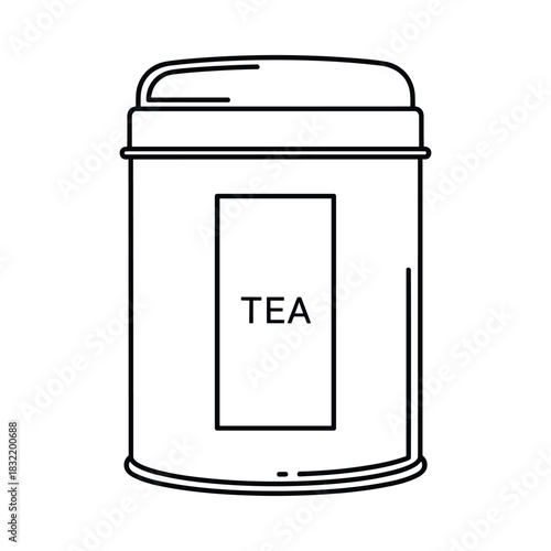 Simple line drawing of a vintage tea tin with a label that says tea