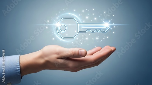 Wallpaper Mural Hand Holding Glowing Blue Key Icon on Light Blue Background Torontodigital.ca
