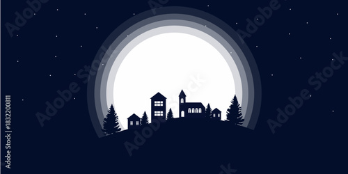 silhouette of moon over the mountains with christmas tree house