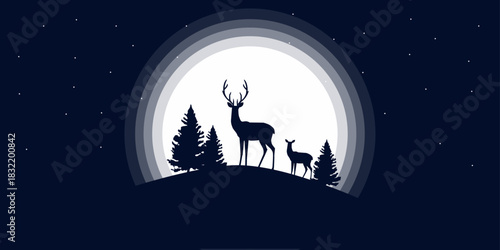 silhouette of moon over the mountains with christmas tree  dear