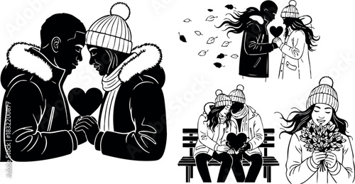 Monochrome line art winter couple holding heart and flowers, romantic park bench scenes with blowing leaves, cozy jackets and beanies celebrating valentines day love outdoors