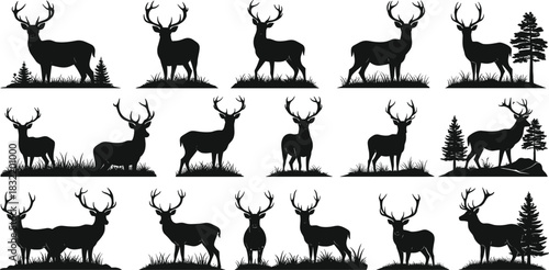 Deer silhouette set, antler poses, forest scene, standing, lying, tree background, black icons, vector illustration, wildlife, nature concept