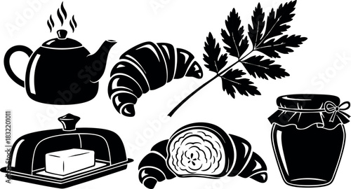 Monochrome flat design breakfast icons with steaming teapot, croissants, parsley leaf, butter dish and jam jar arranged as simple black silhouettes on white background