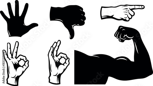 Bold comic style black and white vector art with various hand gestures and flexed muscular arm silhouettes arranged in separate icons on clean background