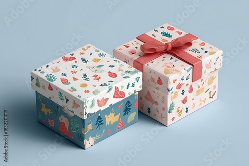 Two cute gift boxes with winter pattern isolated on a light blue background