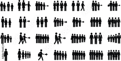 Family group silhouettes, social structure icons, demographic transition, adult child figures, movement arrows, vector illustration, black icons, transformation, concept