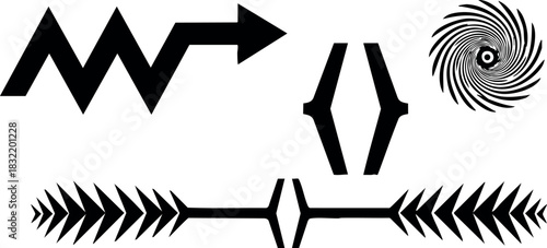 Minimalist black geometric vector arrows and brackets with zigzag chart symbol and spiral vortex element arranged on clean white background in flat design style