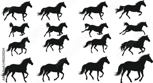 Horse gallop silhouettes, motion sequence, stride stages, black icons, vector illustration, equine anatomy, running cycle, dynamic pose, animation, study