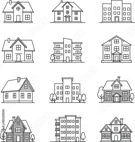 House and apartment icons set, line art residential buildings, cottage, townhouse, cabin, modern condo, suburban home illustrations