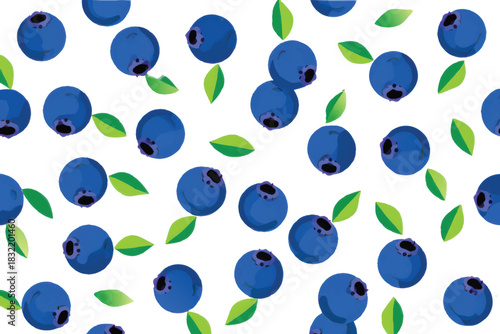 A vibrant and detailed illustration featuring a scattering of fresh, ripe blueberries with green leaves against a white background.