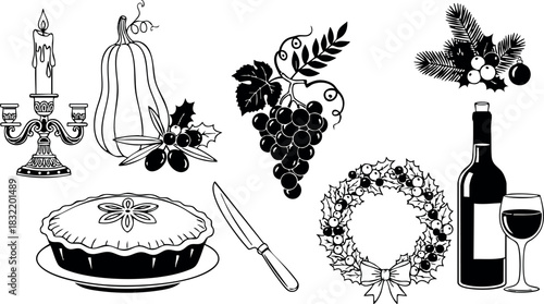 Festive line art holiday icons with pie, wine bottle and glass, candelabra, pumpkin, holly wreath, grapes and evergreen sprig for christmas and thanksgiving celebration