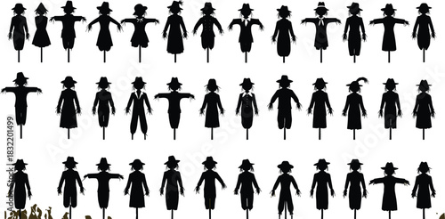 Scarecrow silhouettes set, farm field guardians, Halloween rustic decor icons, straw man illustration pack, autumn harvest theme, black vector, countryside design