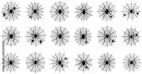 Spider web silhouettes, Halloween spider icons set, creepy cobweb illustration, arachnid network patterns, 