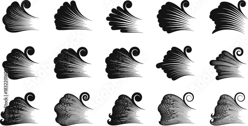Stylized wind gust silhouettes, swirling breeze icons set, abstract air flow illustration, weather graphic elements, black vector, minimal design, storm gust shapes, motion lines, 