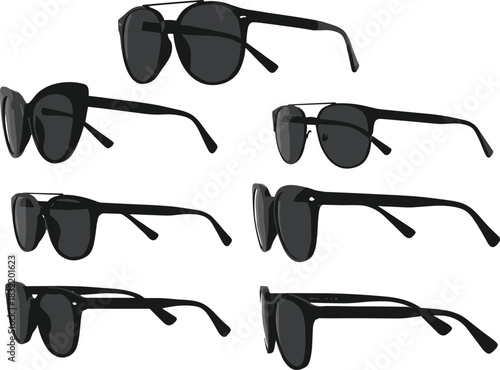 Sunglasses collection, black aviator and wayfarer frames, modern eyewear set, UV protection shades, fashion accessories, minimalist vector, side views, stylish design, glossy lenses, unisex frames