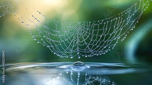 exquisite detail of morning dew captured on a spiderweb suspended over tranquil water ripples