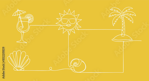 Continuous line art of cocktail, sun with sunglasses, palm tree, seashell and conch on yellow background — ideal for summer, beach and travel content.
