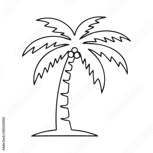 Outline of a palm tree with curved trunk and fan-shaped leaves  