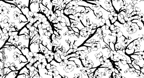 Delicate cherry blossoms bloom on elegant branches, creating a timeless natural pattern perfect for sophisticated designs and serene aesthetics.