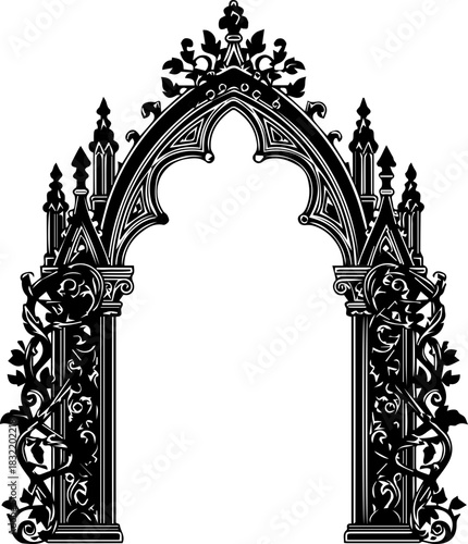 Ornate gothic archway entrance with intricate scrollwork and spires, evoking historical grandeur and dramatic architectural design.