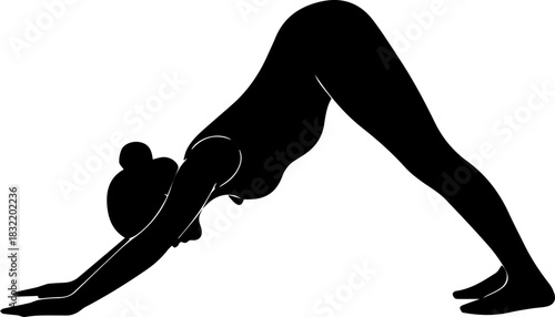 Serene silhouette of woman gracefully performing downward facing dog yoga pose, promoting wellness and mindful movement