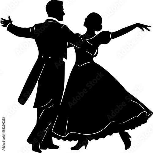 Elegant couple gracefully waltzing together in a timeless dance, capturing romance and celebration with flowing movement and classic style.