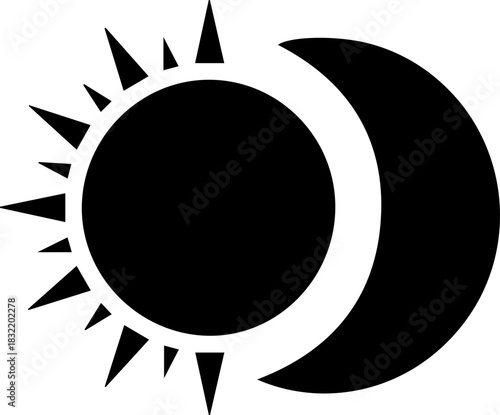 Dynamic symbol of sun and crescent moon together representing day and night cycle, cosmic balance, and celestial transition
