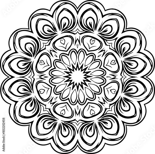 Intricate black and white mandala design, a beautiful symmetrical pattern evoking peace and mindfulness for creative projects.