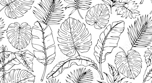 Vibrant tropical foliage pattern showcasing diverse monstera and palm leaves in a chic, modern botanical design perfect for fashion and decor