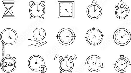 Collection of outline icons representing concepts of time urgency, deadlines, schedules, analog clocks, hourglasses, alarm bells, and chronometers for time-related projects vector.