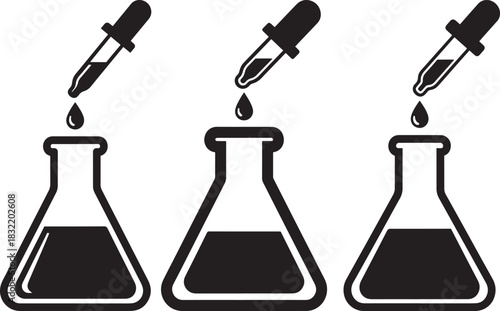 Three laboratory flasks with droppers adding liquid silhouette