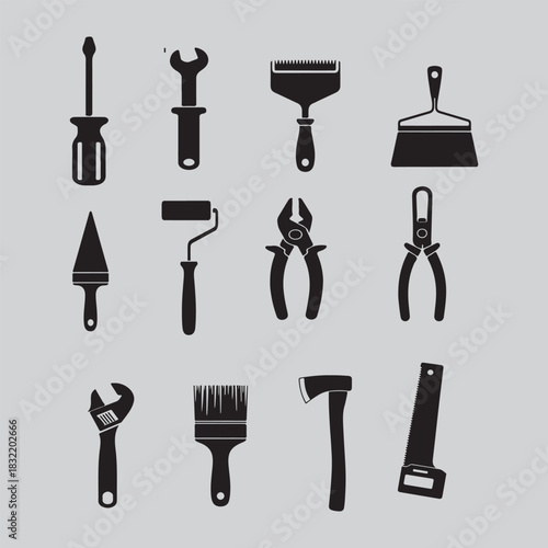 Collection of black silhouette tools including screwdrivers pliers and painting supplies