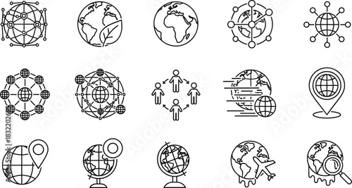 Set of minimalist outline icons for global networking, worldwide communication, environmental conservation, international travel, business connectivity, and location tracking on Earth vector.