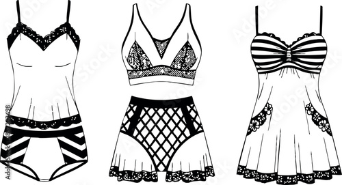 Fashion flat design front view women lingerie set, three different camisole and bralette styles with lace trim, striped and mesh details, minimalist black and white line art