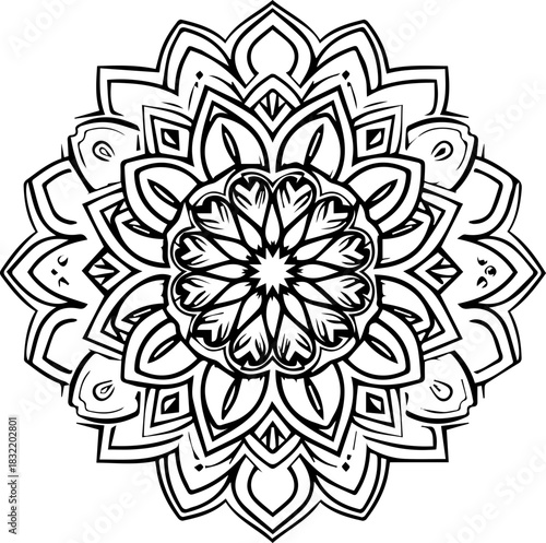 Intricate black and white mandala design radiating symmetry and spiritual calm, perfect for meditation art and therapeutic coloring pages.