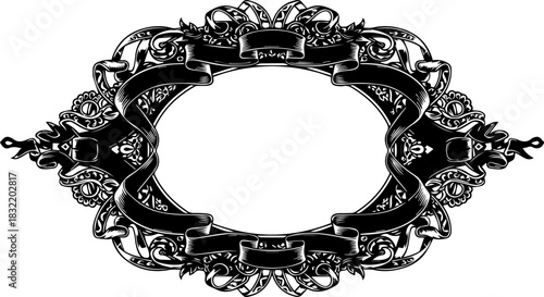Elegant vintage ornate oval frame with decorative banners and filigree elements, perfect for invitations, certificates, or classic designs