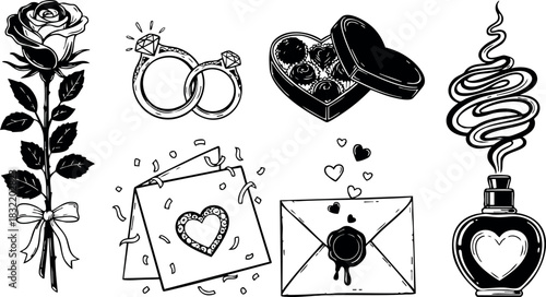 Hand drawn line art valentines day set with rose stem, diamond wedding rings, heart chocolate box, greeting card, love letter envelope, swirling perfume bottle, black and white romantic symbols